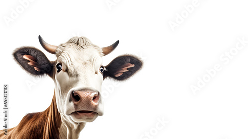 red,brown healthy, cute cow with a surprised curious look and open mouth looking at the camera, isolated on a white background with copy space.