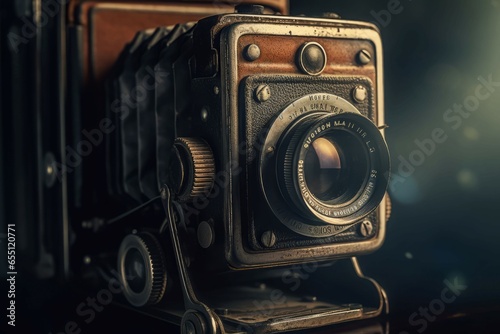 Old camera closeup. Wood photo. Generate Ai