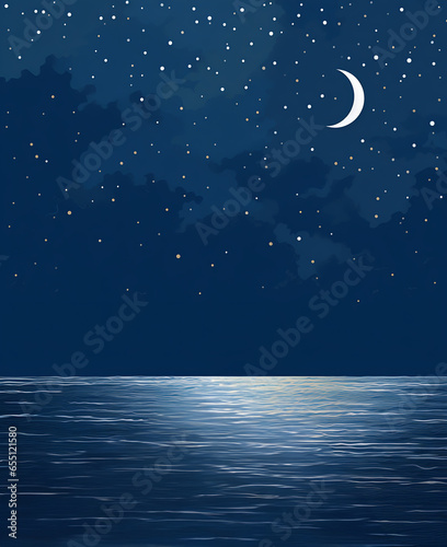 밤하늘, 밤바다, 달, 별빛, 별밤, 달과 별, 빛나는 바다, 어두운 바다, 저녁, 밤, 밤풍경, 풍경 일러스트, 밤 일러스트, 바다그림