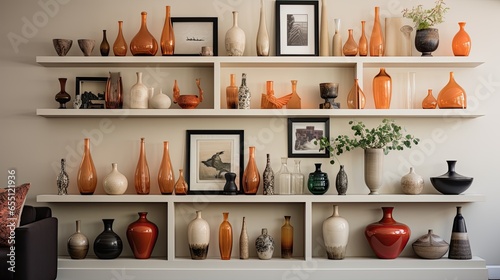 Living room display shelves: decorative vases, sculptures, and framed photos