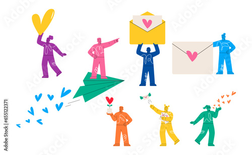 Set of people giving and sharing love. Man and woman sharing love. Colorful vector illustration
