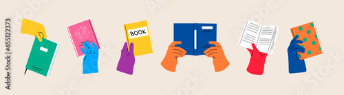 Set of hand giving book to exchange or sharing. ฺBookshop festival. Colorful vector illustration