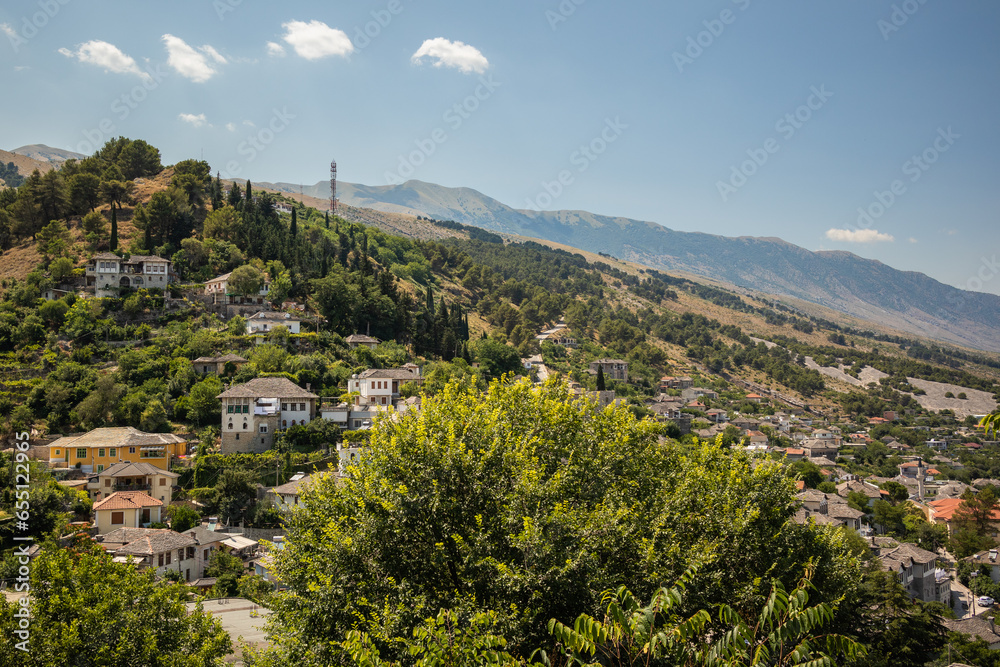 Gjirokastër City with Architecture and Mountains in Summer Southern Albania. Beautiful View of Town in Nature.