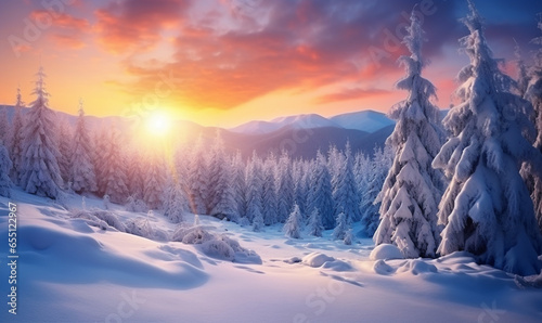 Photographie verschneiter magischer Winterwald im Sonnenuntergang