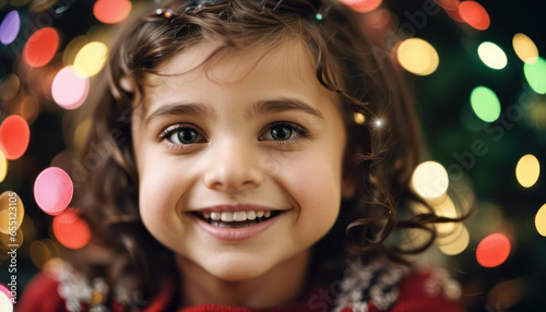 Cute christmas girl with blurred christmas tree lights
