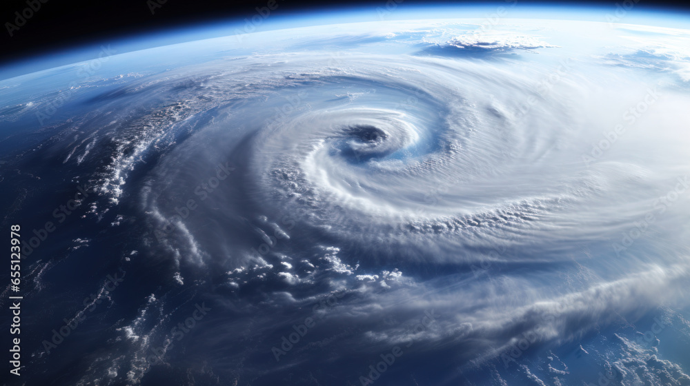 Hurricane over Atlantic. Satellite view. Super typhoon over the ocean. The eye of the hurricane. The atmospheric cyclone. View from outer space.