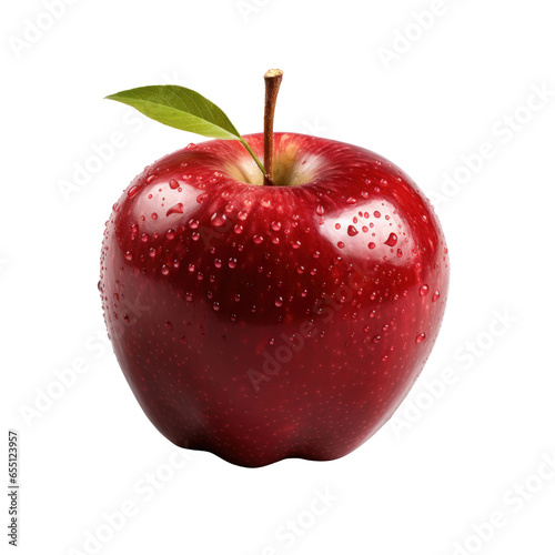 Red apple with green leaf. Isolated on transparent background.