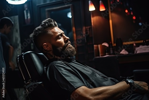 Handsome young man in a barber's chair getting a stylish haircut and beard trimmed by an experienced barber in a modern barbershop.