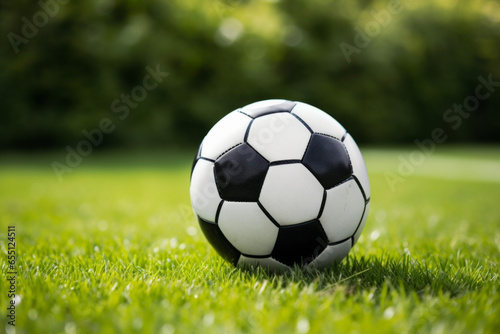 Close up view of black and white soccer ball on green grass in background of soccer stadium. Athlete and sports lifestyle concept.