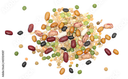Mix legumes and cereals, (beans, peas, lentils, barley, spelt) isolated on white, top view