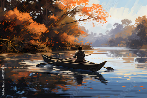 boatman rowing a boat on the arashiyama river in autumn anime style photo