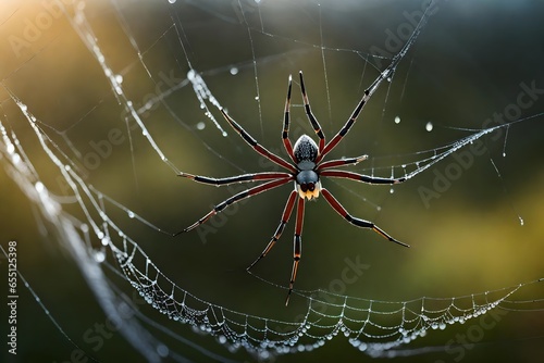 Capture the elegance of a spider's delicate web, glistening with dewdrops in the early morning light
