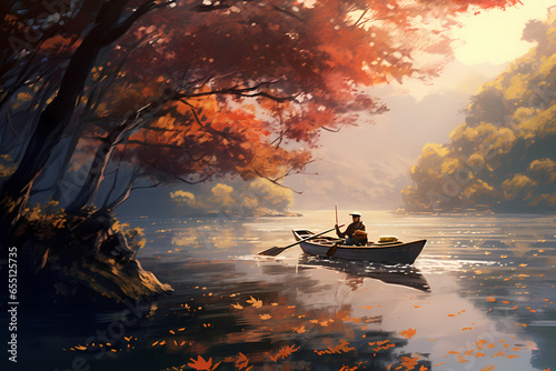 boatman rowing a boat on the arashiyama river in autumn anime style photo