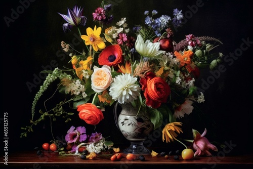 Arrangement of flowers in a vase. Generative AI