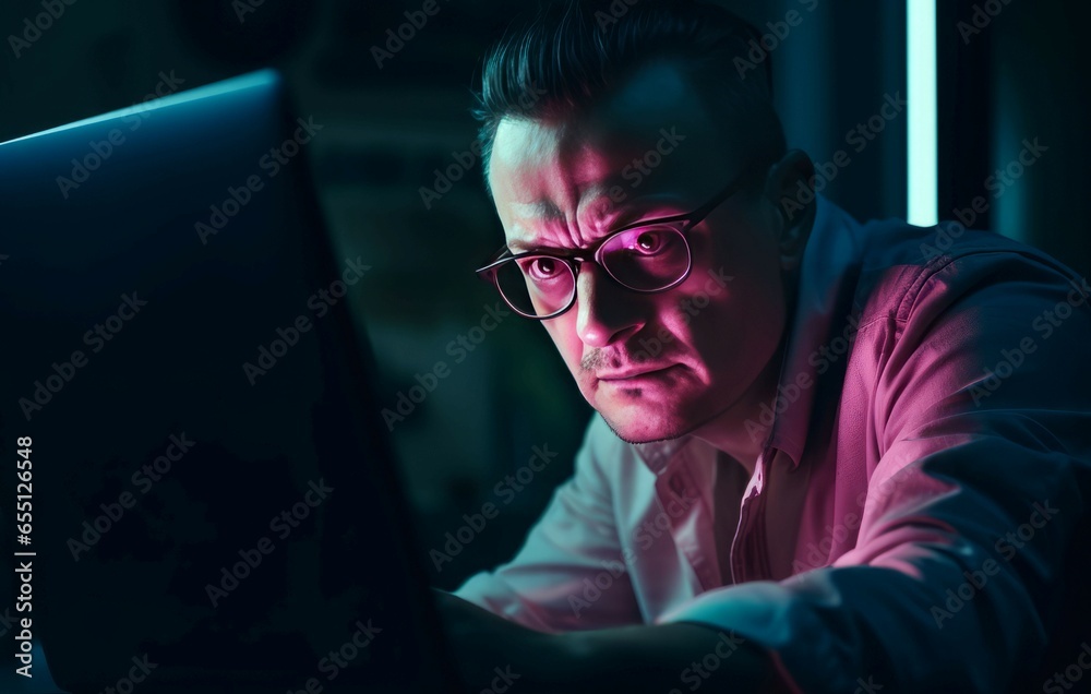 Serious man work laptop. Person paper check. Generate Ai Serious man work laptop. Person paper check. Generate Ai