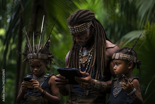 A group portrait of young indigenous Papuan people with phones in traditional attire, reflecting their rich cultural heritage and way of life. photo