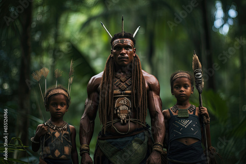 A portrait of indigenous jungle people in traditional attire, representing the rich cultural diversity of their village.