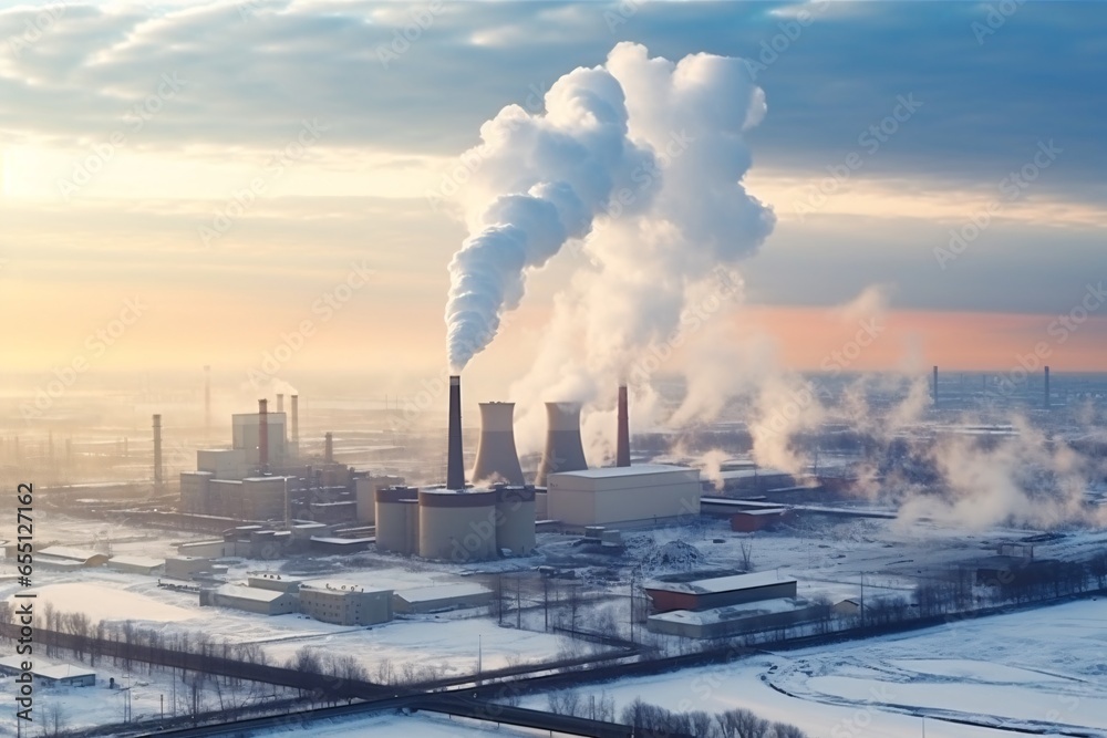 Environmental pollution. Greenhouse effect. Power plant with smoking chimneys. Industrial landscape. Global warming. Industrial landscape with smoking chimneys of power plant. 