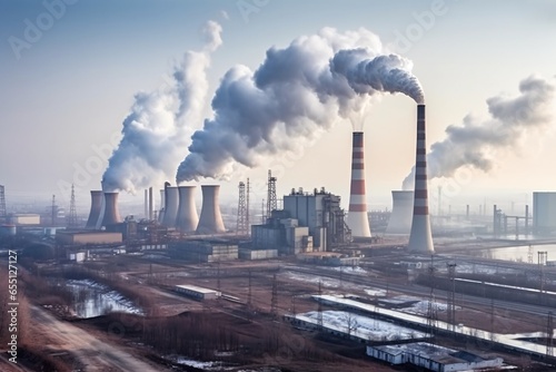 Environmental pollution. Greenhouse effect. Power plant with smoking chimneys. Industrial landscape. Global warming. Industrial landscape with smoking chimneys of power plant. 