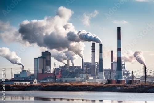 Environmental pollution. Greenhouse effect. Power plant with smoking chimneys. Industrial landscape. Global warming. Industrial landscape with smoking chimneys of power plant. 