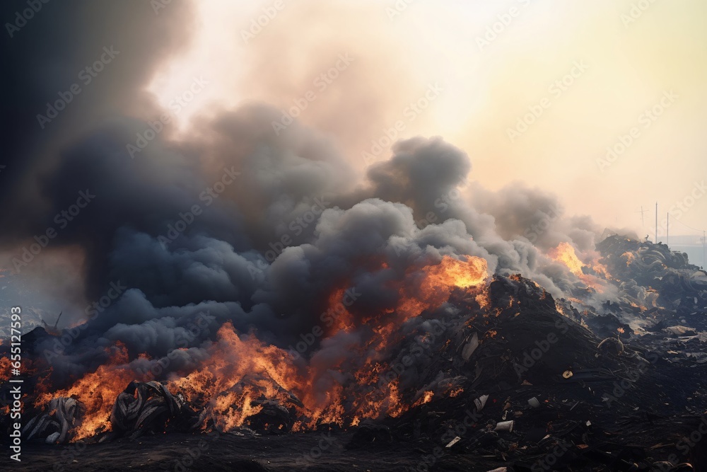 Environmental pollution. Fire at the landfill. The concept of ecological disaster, disaster, disaster.