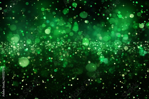 Green glitter party background for St. Patrick's Day, happy birthday, Christmas sale, kid party invitation with lucky Saint Patty banner. Generative AI