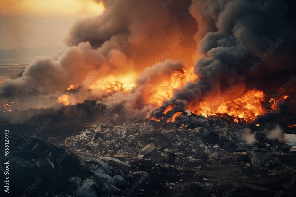 Environmental pollution. Fire at the landfill. The concept of ecological disaster disaster.