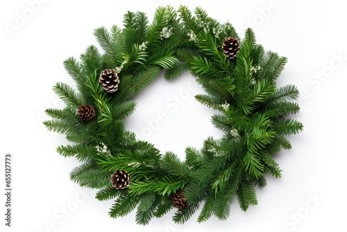 Rustic and creative Christmas wreath with pine cones and greenery for the holidays.