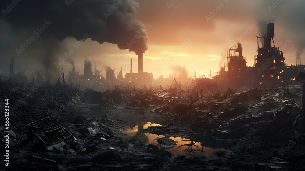 The sunset in the modern city with a dirty environment in the foreground. Generative AI 