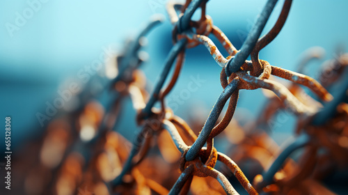 A close-up of a rusting chain-link fence surrounding an abandoned factory, symbolizing job loss photo