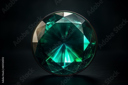 A circular gemstone on a dark background  wide perspective. Generative AI