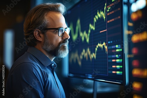 A focused businessman analyzes stock market data on his computer screen in a modern office for financial success.
