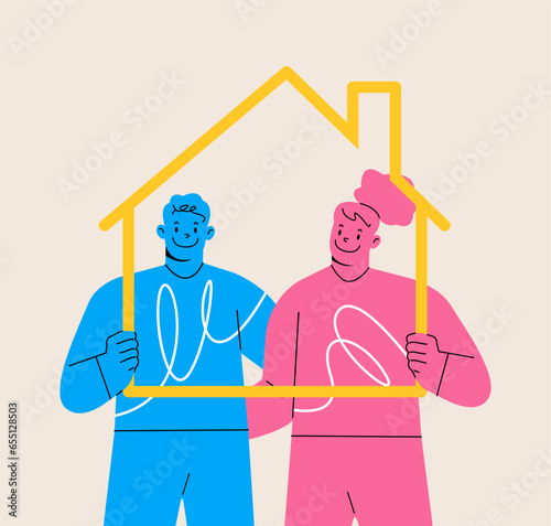 A man and a woman hold a frame in the shape of a house. Colorful vector illustration