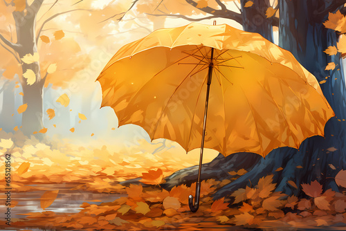 yellow maple leaves on autumn umbrella background