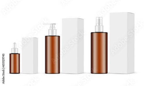 Set of Amber Cosmetic Bottles, Dropper, Spray, Pump, Packaging Boxes, Isolated On White Background. Vector Illustration