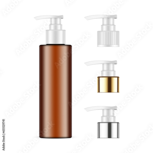 Amber Pump Bottle Mockup With Plastic, Metallic, Golden Caps, Isolated on White Background. Vector Illustration