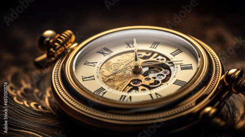 A close-up view of a golden pocket watch, with a few small scratches visible