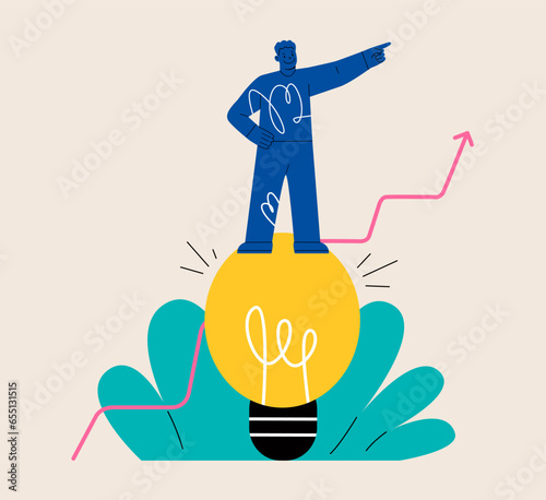 Creative man finding solution, answer at work with light bulb. Business idea concept. Colorful vector illustration