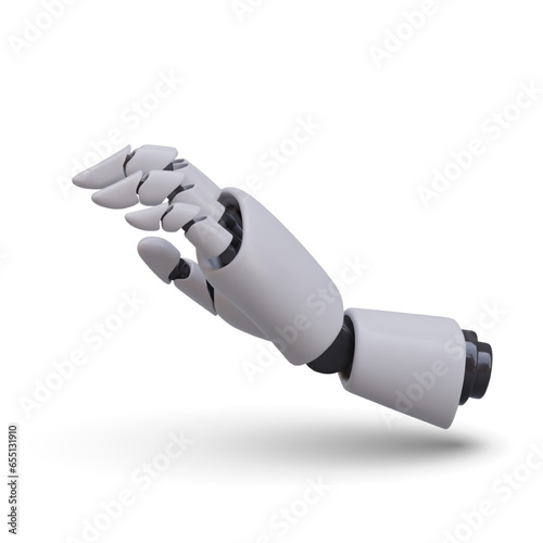 Realistic bionic prosthesis. Mechanical hand. Robotic palm with flexible fingers. Vector image with reflections and shadows. Symbol of innovation. Illustration on white background