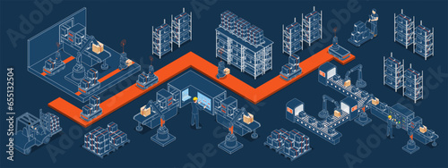 3D isometric Automated Warehouse Robots and Smart warehouse technology Concept with Warehouse Automation System and Autonomous Robot Transportation operation service. Vector illustration EPS 10