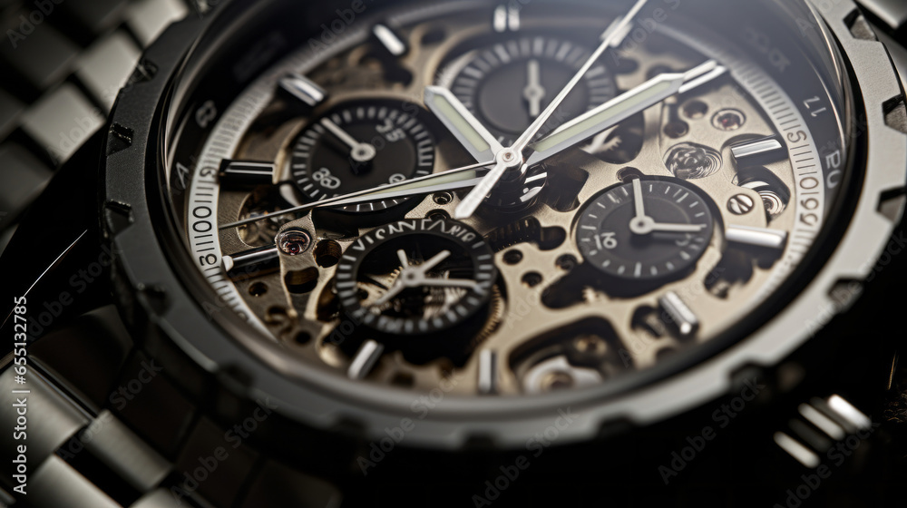 A close-up view of a silver and black watch, with a few small chips visible A close-up view of a silver and black watch, with a few small chips visible
