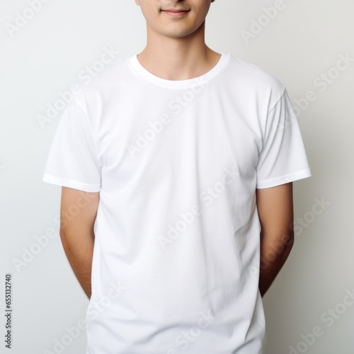 Man in Casual White T-Shirt Standing on White Background