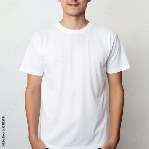 Man in Casual White T-Shirt Standing on White Background