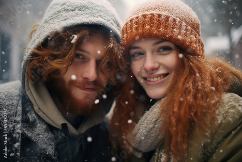 portrait of beautiful smiling young couple man and woman standing under snowing