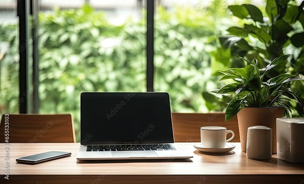 Streamlined workspace. Modern office aesthetics. Digital domain. Sleek laptop desk design. Creative corner. Productive work environment. Morning light work Streamlined workspace. Modern office aesthetics. Digital domain. Sleek laptop desk design. Creative corner. Productive work environment. Morning light work