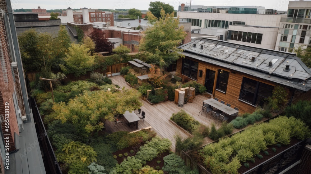 Urban Rooftop Garden with Lush Greenery and Rooftop