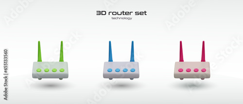 Set of routers of different colors. Wireless transmission of information. Convenient Wi Fi device. Modern electronic equipment. Network wireless sigh. Isolated vector image. Color icons