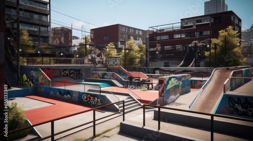 Urban Skate Parkwith Ramps Rails and a Vibrant Graffiti photo