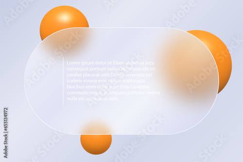 Landing page glass morphism with rounded frame. Vector illustration with blurred floating spheres in orange color.