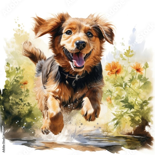 Watercolor portrait of a dog jumping in the water